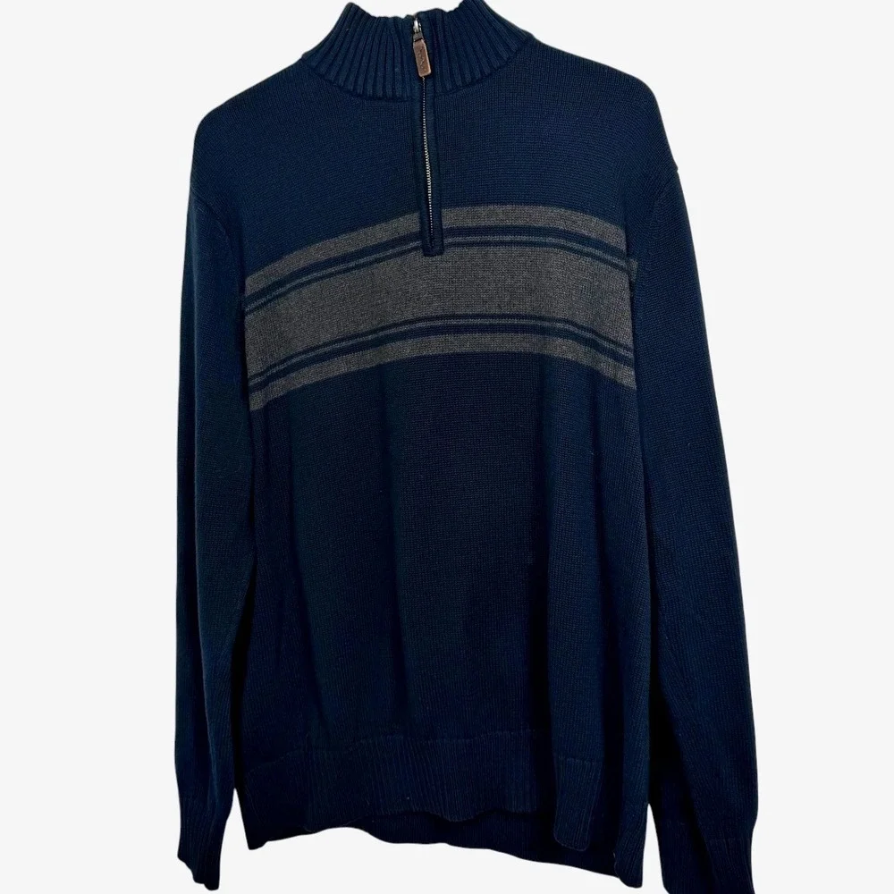 Eddie Bauer Mens XL Navy Blue Grey Stripe 1/4 Zip Cotton Knit Sweater 14303121